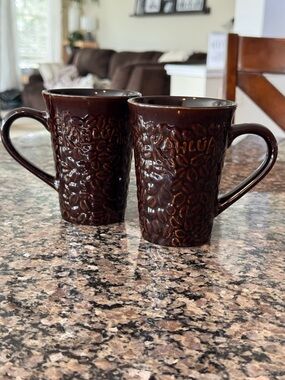 3D Kahlúa Coffee Bean Mugs Dark Brown Textured Ceramic Set of 2 Cappuccino Moody